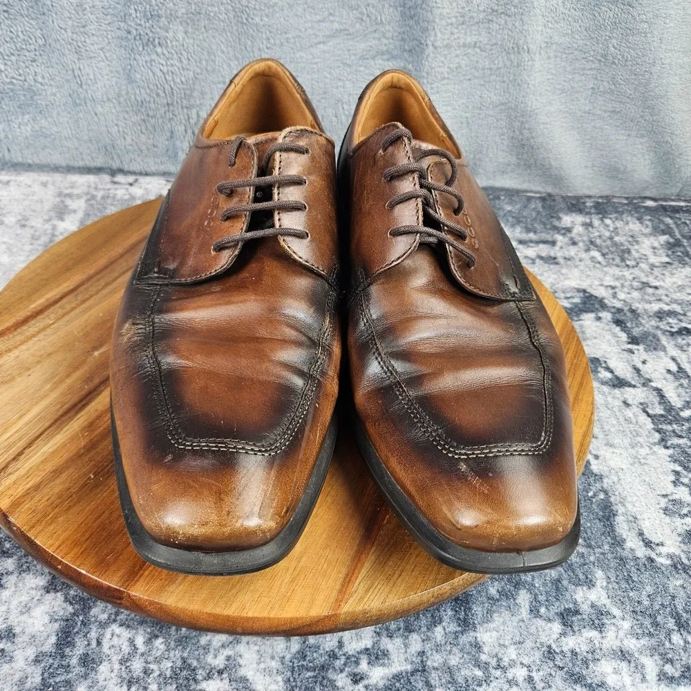 ECCO Mens Shoes 45 US 11 Brown Burnished Leather Apron Toe Derby Shock Point